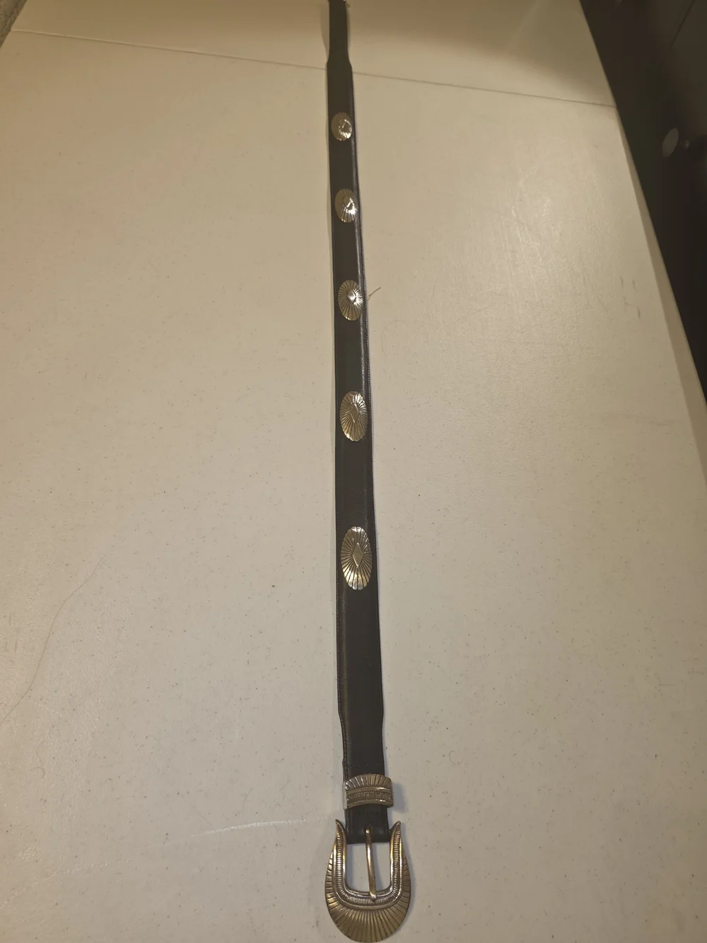 Onyx Black Leather Western Belt with Gold Conchos